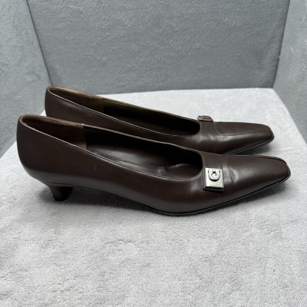 Salvatore Ferragamo Chocolate Brown Leather Square-Toe Pumps - Picture 3 of 8